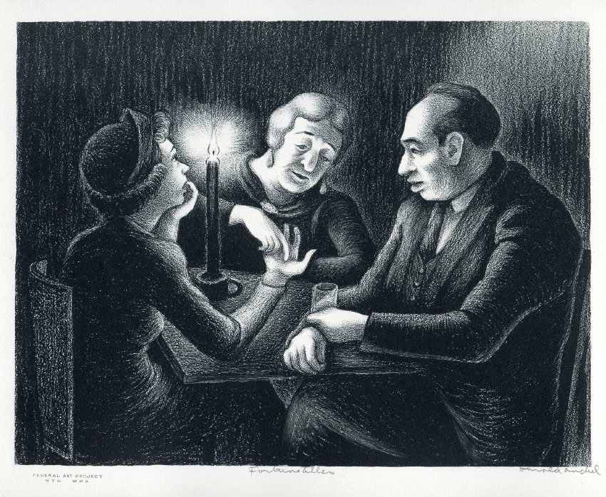 Works Progress Administration black and grey lithograph of Fortune Tell by Harold Anchel